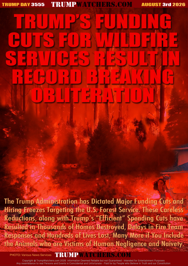 The Trump Administration has Dictated Major Funding Cuts and
Hiring Freezes Targeting the U.S. Forest Service. These Careless
Reductions, along with Trump’s “Efficient” Spending Cuts have
Resulted in Thousands of Homes Destroyed, Delays in Fire Team
Responses and Hundreds of Lives Lost, Many More if You Include
the Animals who are Victims of Human Negligence and Naivety.